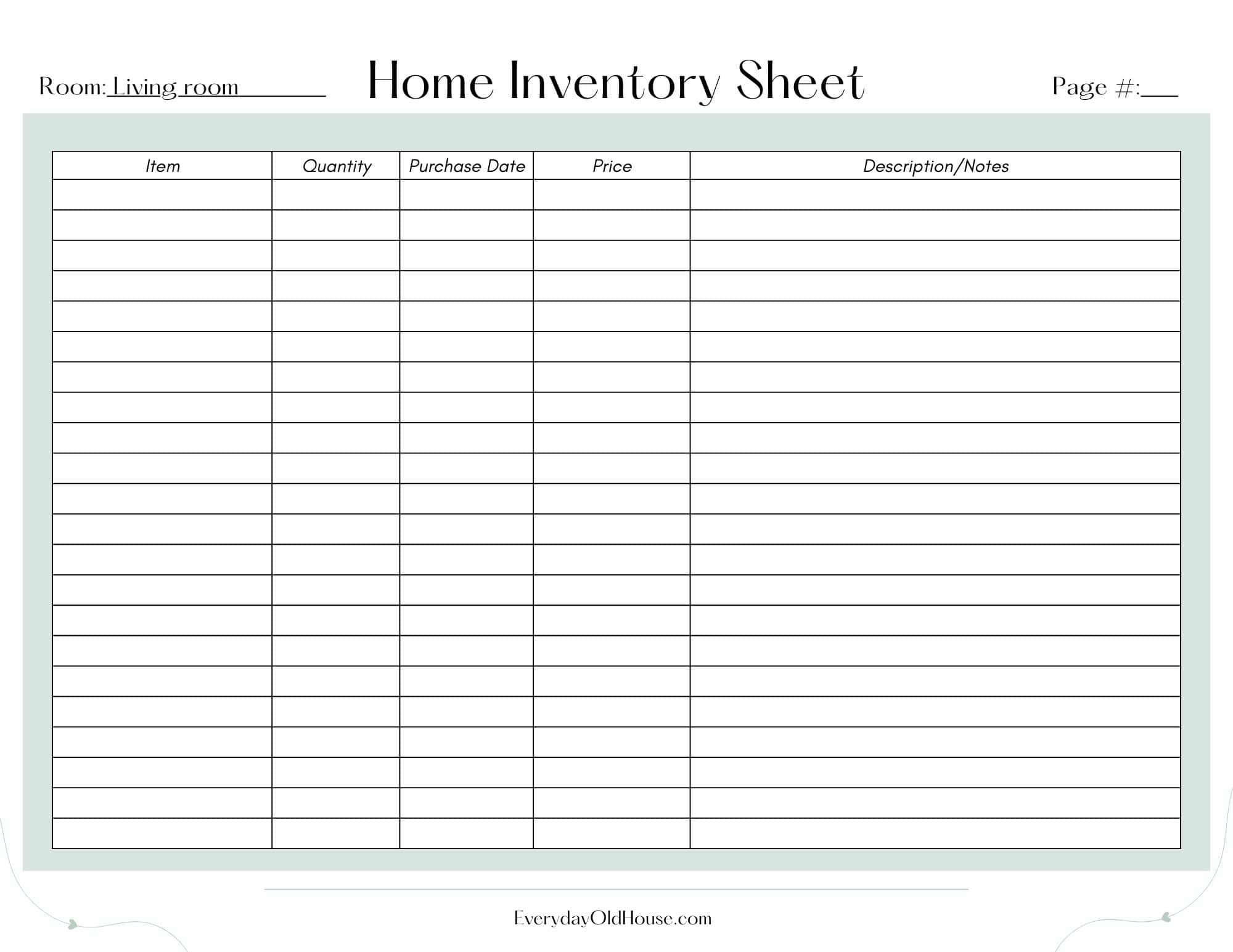 Free Printable Household Inventory List Page Pdf Everyday Old House