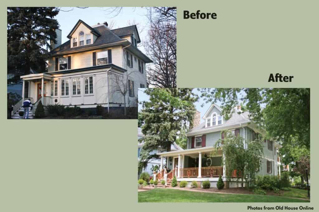 before and after photos of renovation of an American Foursquare house in New Jersey by Old House Online