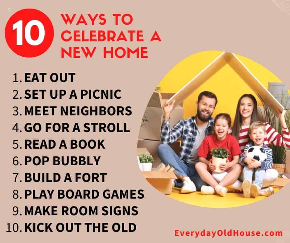 family sitting under a pile of moving boxes with a list of 10 ways to celebrate first night in new house