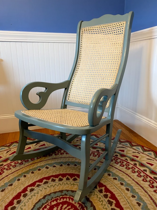 Vintage Rocking Chair Makeover with a fresh paint of The Chippy Barn Paint - Balsam color - paired with new pressed cane in the seat and back @thechippybarn