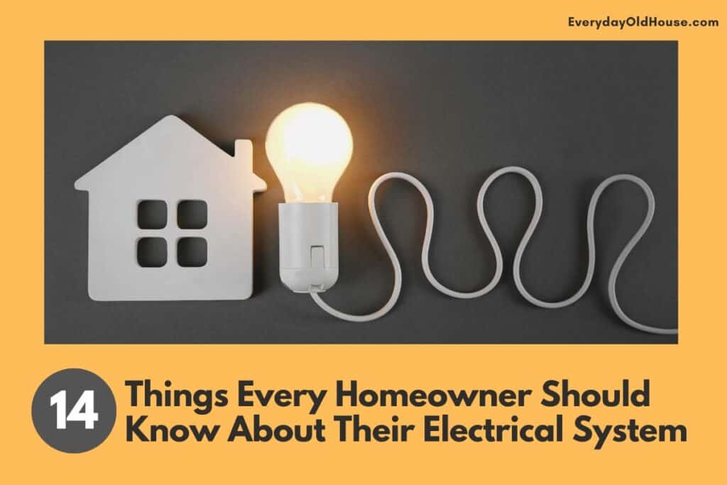 cutout of house with lightbulb and electrical cord with title 14 things eevery homeowner should know about their electrical system