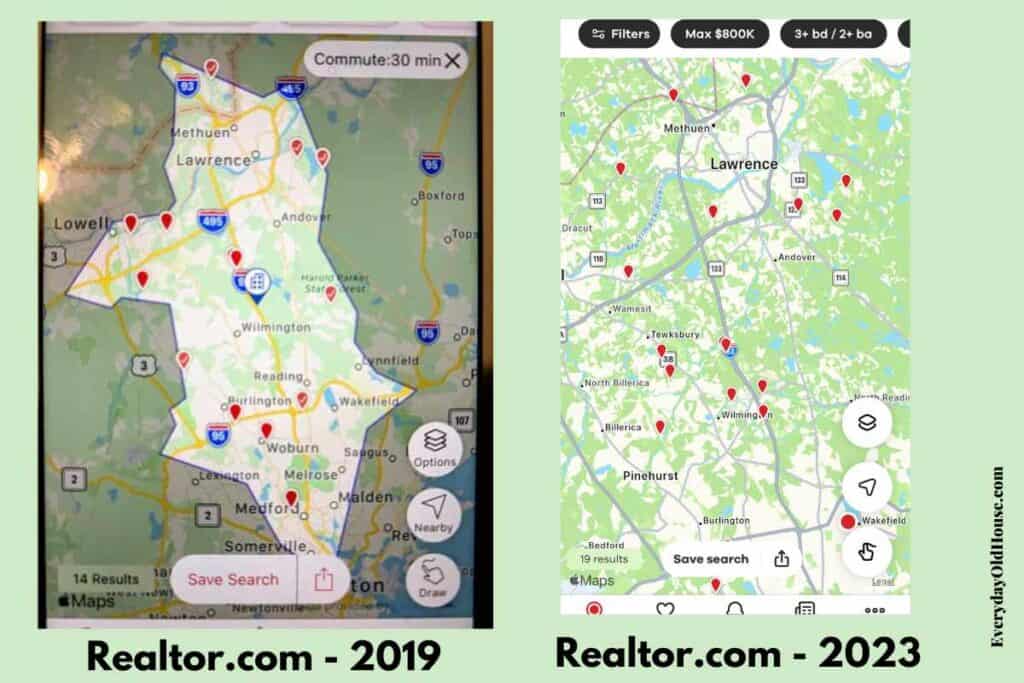 two mobile versions of the realtor.com app that shows commuter with traffic filter results