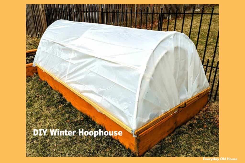 DIY hoophouse - plastic stretched over PVC frame - perfect for raised garden bed