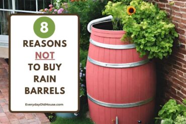 pretty rain barrel with landscaping with title that reads 8 reasons not to buy rain barrel. disadvantages of rain barrels