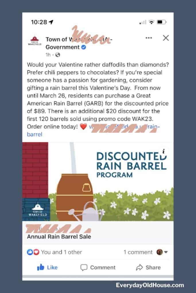 Facebook post from municipality offering discounted rain barrels in the spring