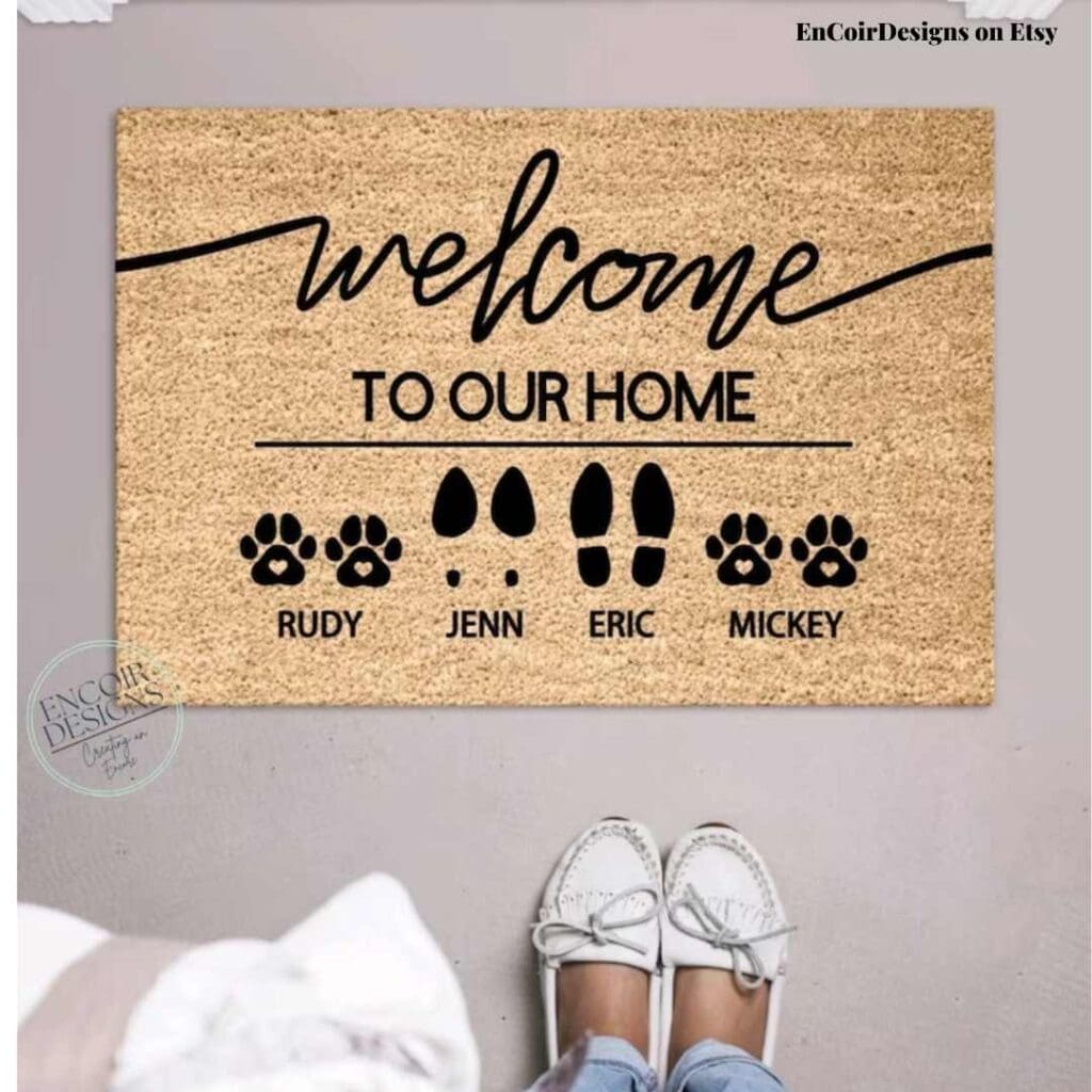 feet next to personalized welcome mat by EnCoirDesigns on Etsy