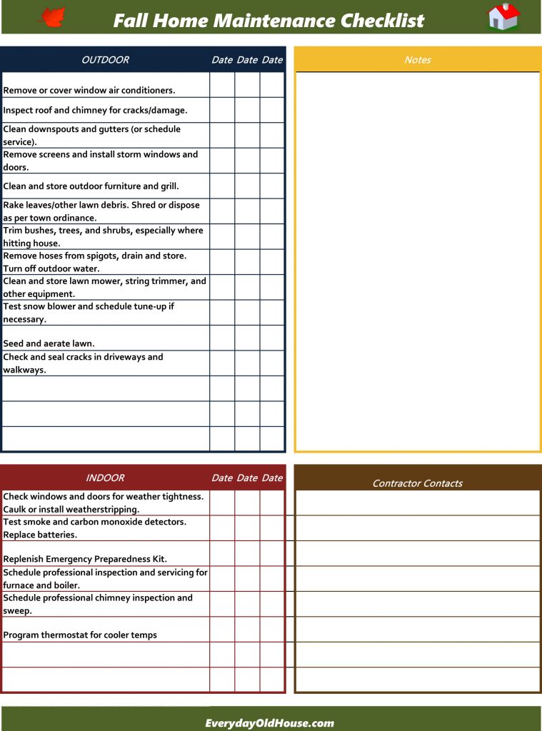 Fall Home Maintenance Checklist for every homeowner with space for notes and contractor contact info #freeprintable #getorganized  #fallmaintenance