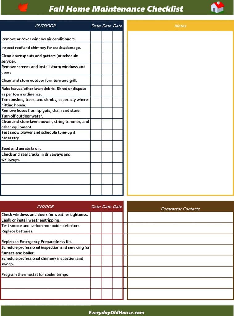 Fall Home Maintenance Checklist for every homeowner with space for notes and contractor contact info #freeprintable #getorganized  #fallmaintenance