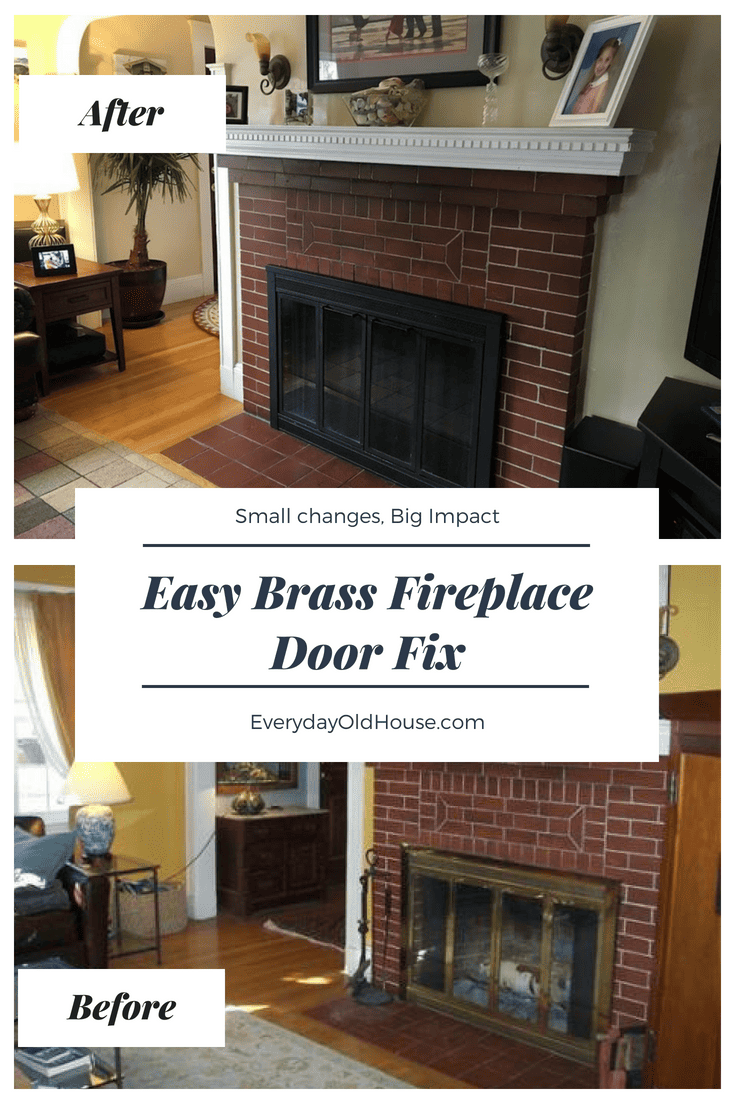 Tired of that old brass fireplace door?  Easy makeover DIY to transform your fire place to an understated black for under $10 #makeoverbrassfireplacedoor #fireplaceupdate #heatresistantpaint #rustoleumhighheat #rhodesamericansteelwool