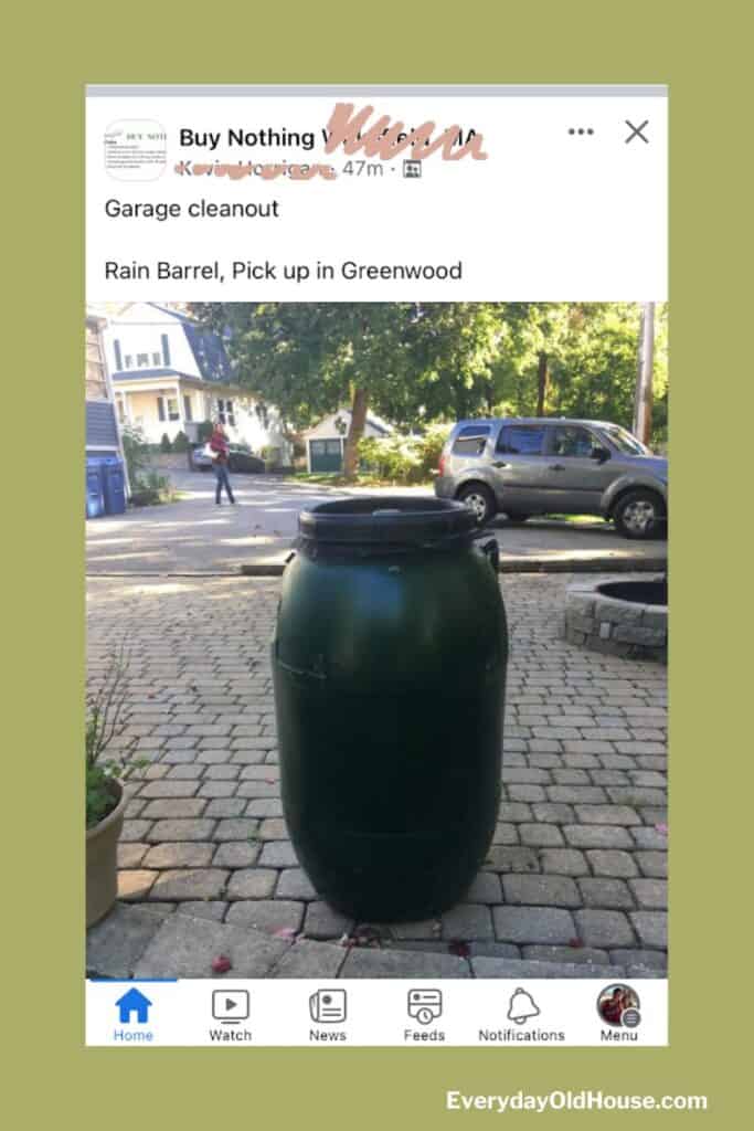 Photo of rain barrel on a Facebook Community Recycling page for free.  Ideas for where to find cheap or free rain barrels.