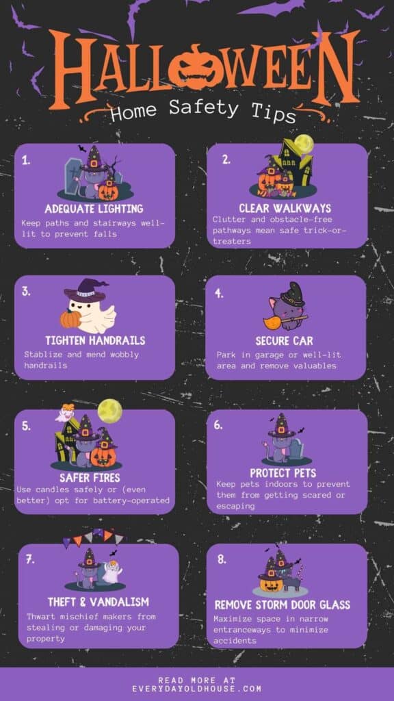 inforgraphic with cute hallween icons of kittens, ghosts and pumpkin with 8 home safety tips for homeowners