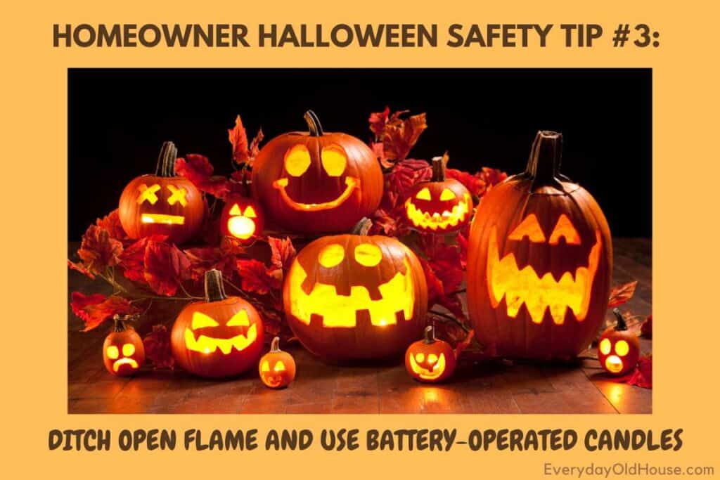 row of halloween jack-o-lanterns with LED flameless lights entitied home saety tip - ditch the open flame and use battery-operated candles