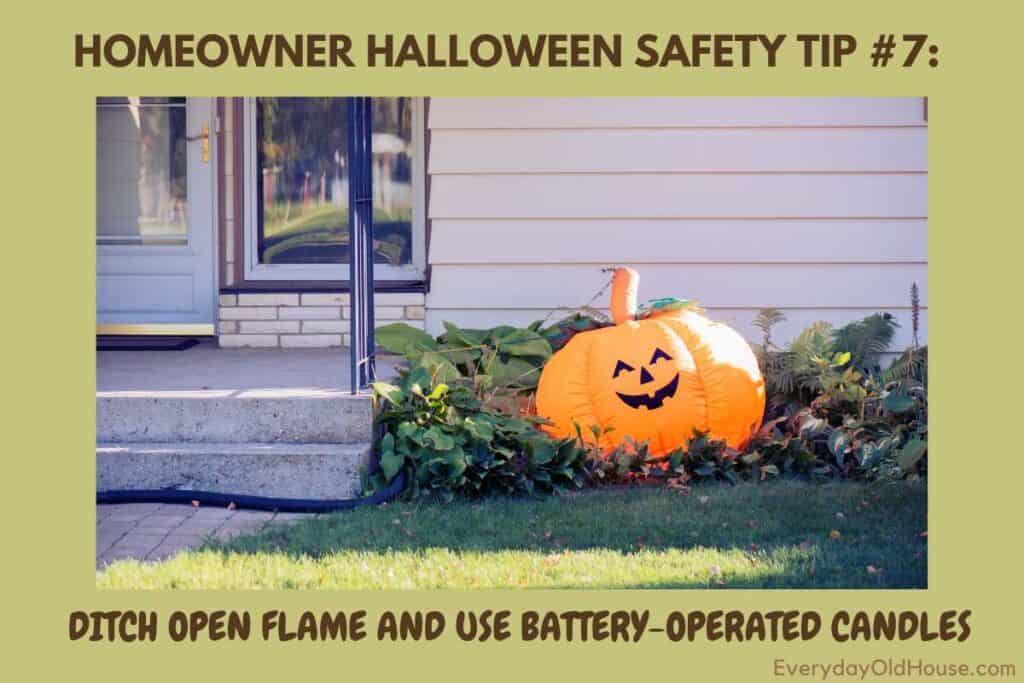 image of inflated pumpkin attached to house handrail to deter thieves and vandals for a safer Halloween - home safety tips