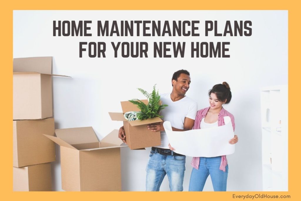 Couple with moving boxes entering new home needing a home maintenance plan
