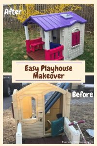 Easy playhouse makeover tutorial using spray paint. Update a secondhand playhouse and create a backyard dreamhouse for your kids! #easyDIY #playhousemakeover