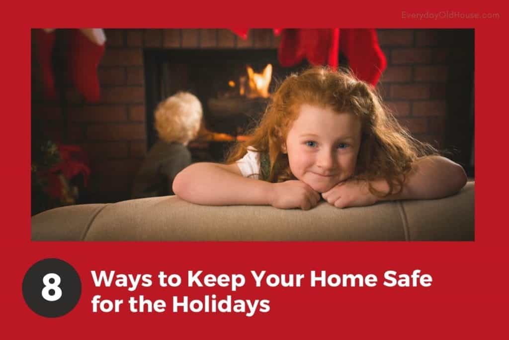 children celebrating the holidays by the fireplace with hanging stockings.  Ways to Keep your home safe during the holidays #homesafety