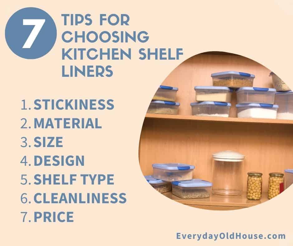 lists 7 things to consider when buying kitchen cabinet shelf liners
