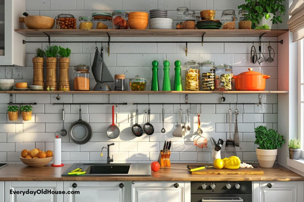 kitchen with no cabinet space uses space efficiently with pegs and shelving in old house
