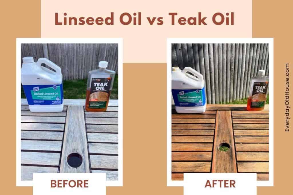 eucalyptus patio table with 2 different oils - teak and linseed - and look similiar