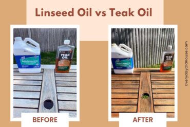 eucalyptus patio table with 2 different oils - teak and linseed - and look similiar