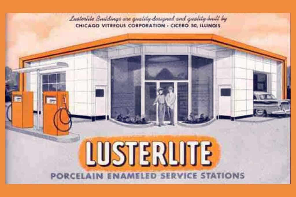 old 1940s style  advertisement for an Lusterlite enameled gas service station 