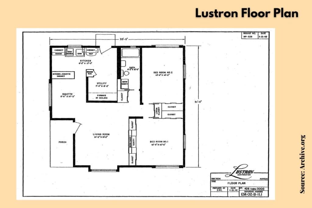 Architectural drawings of a Lustron home floor plan - model 02