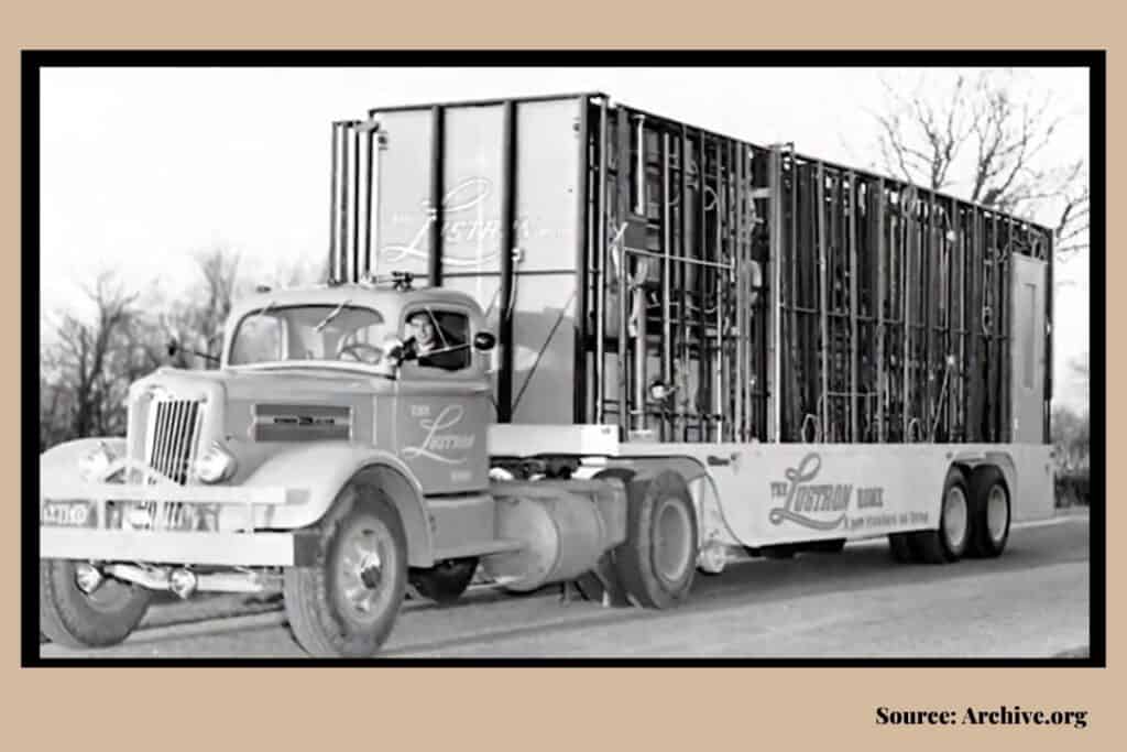 black and white photograph of a specialized trailer truck to deliver Lustron homes