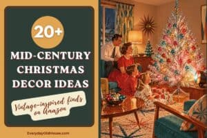 1950s family around Christmas tree with title of 20+ Mid-century modern Christmas decor ideas - surprising finds on Amazon