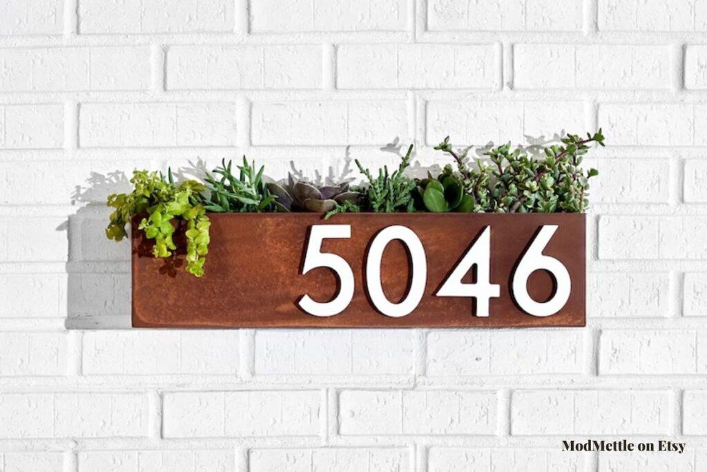 Double-duty planter and address sign on Etsyy by modmettle