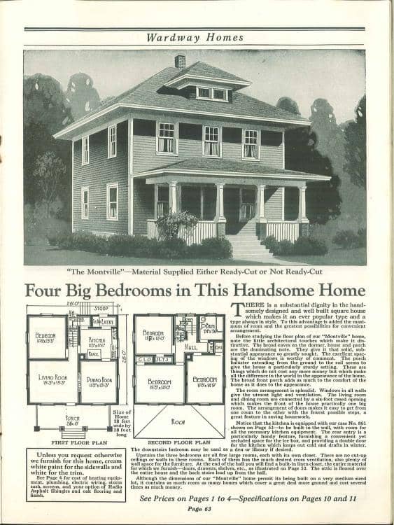 Montville Wardway Homes mail order catalog - Foursquare House Kits. Courtesy of archive.org, 1924
