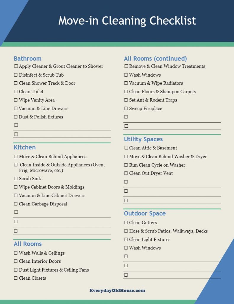 Moving into a new house that needs cleaning? Simple yet comprehensive checklist listing all the cleaning tasks to make your new home clean! #homeowner #moving