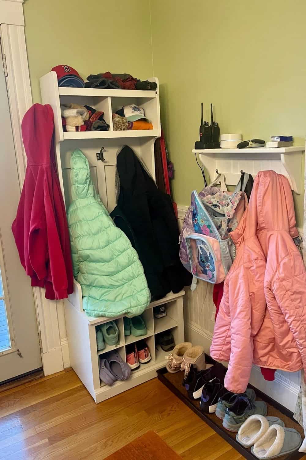 No coat closet? Storage options for coats and bags at entryway - cubbies and hooks, shelves, and boot tray