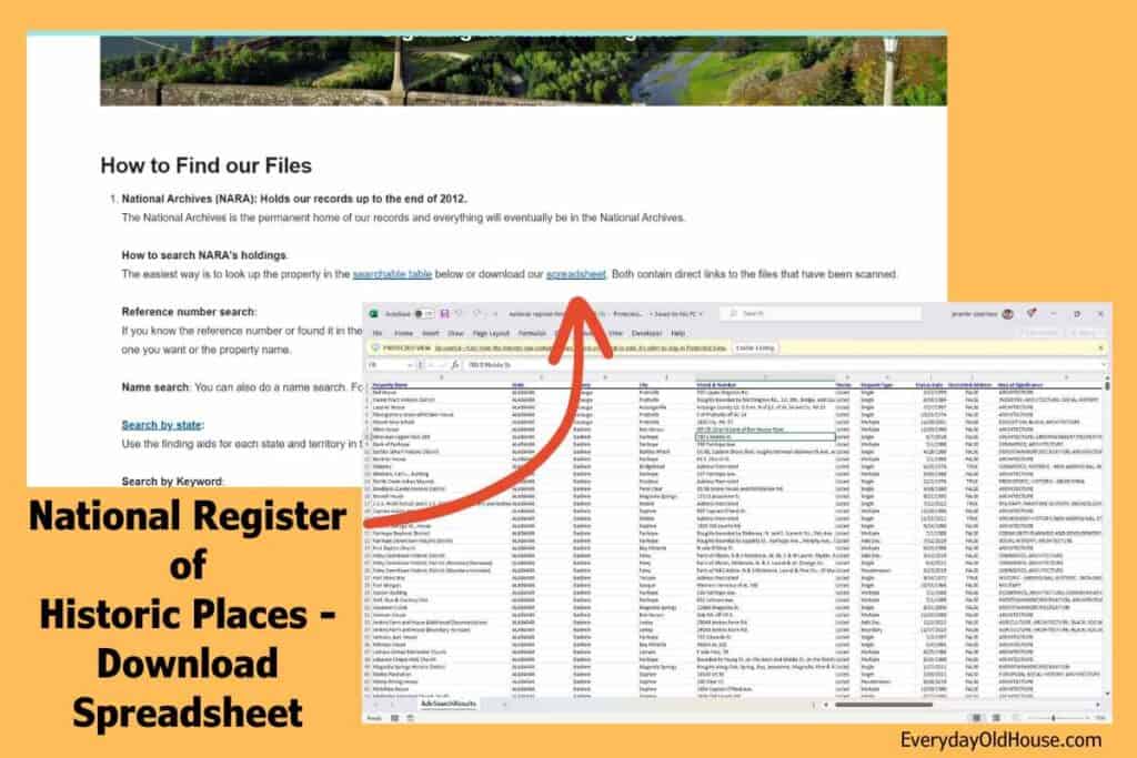 two images - one of national registry of historic places and Microsoft Excel version of the registry available for download
