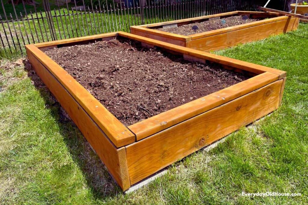 newly sealed raised garden beds with an all-in-one stain and waterproofer