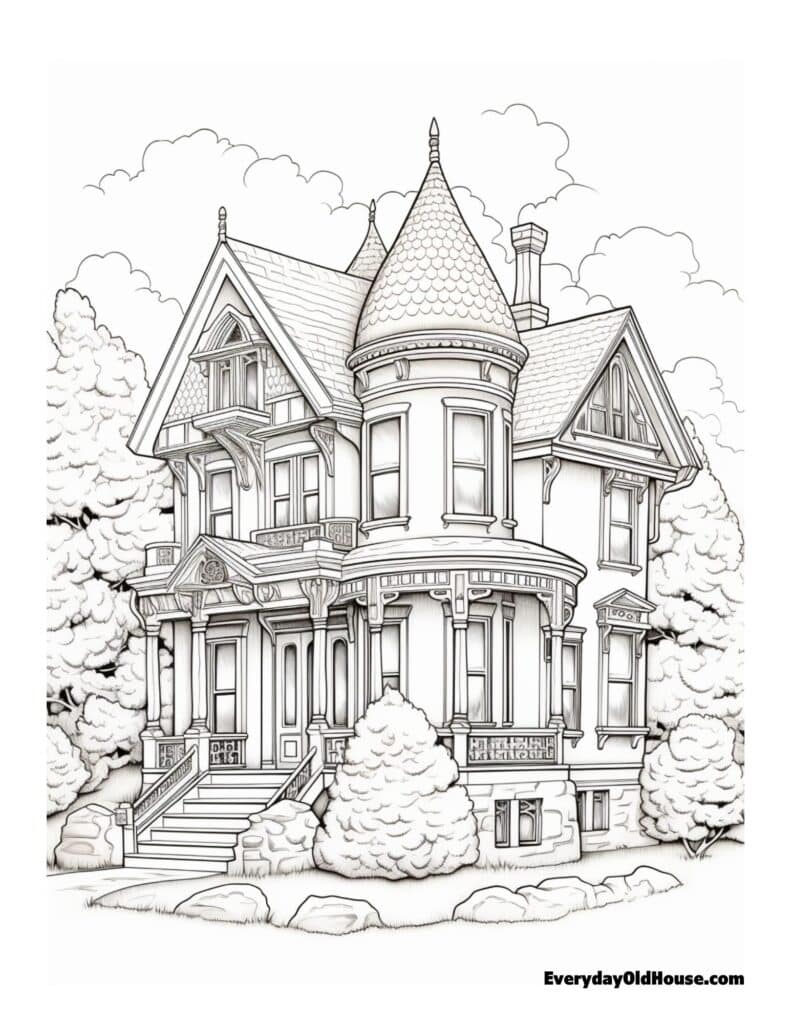 historic and old house coloring page for adults - free download. from colonials to Victorian to Craftsman to mid-century modern