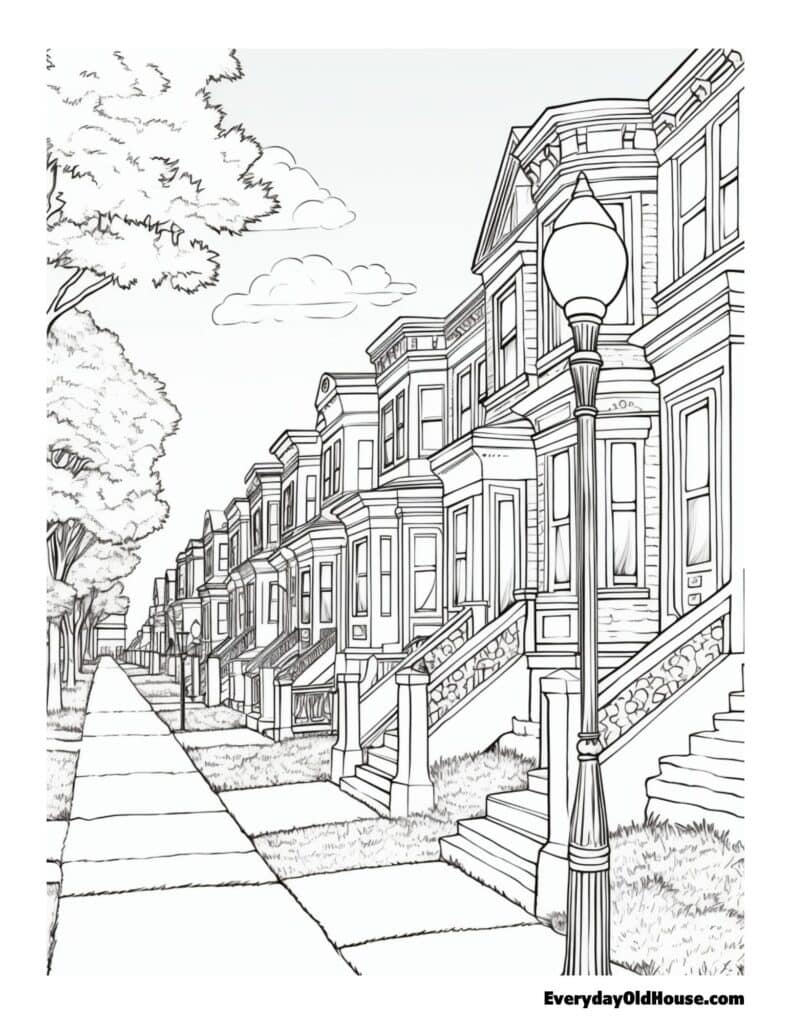 historic and old house coloring page for adults - free download.  from colonials to Victorian to Craftsman to mid-century modern 