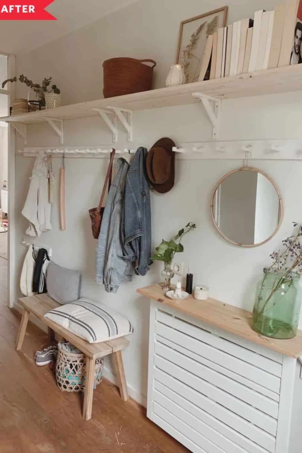 Entryway idea with hooks, bench, mirror and table for old house no coat closet solutions