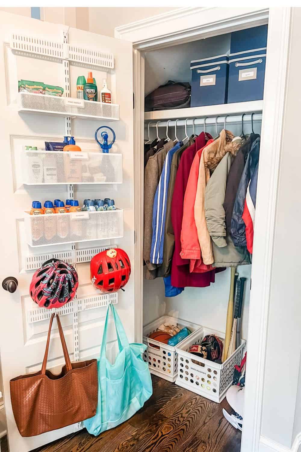 Over the door organizer on an entranceway coat closet to corral the chaos of a busy family.