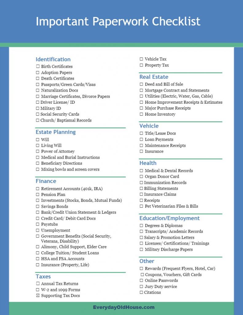 Free printable checklist of family's important papers and documents to organize in a home filing system #paperwork #getorganized #homeowner