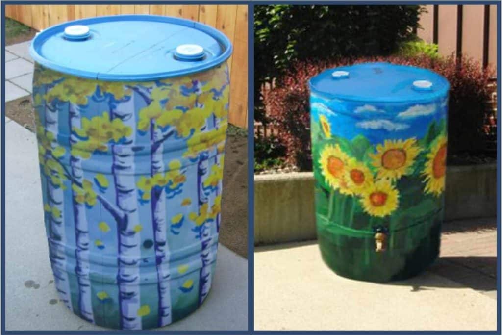 Painted rain barrels