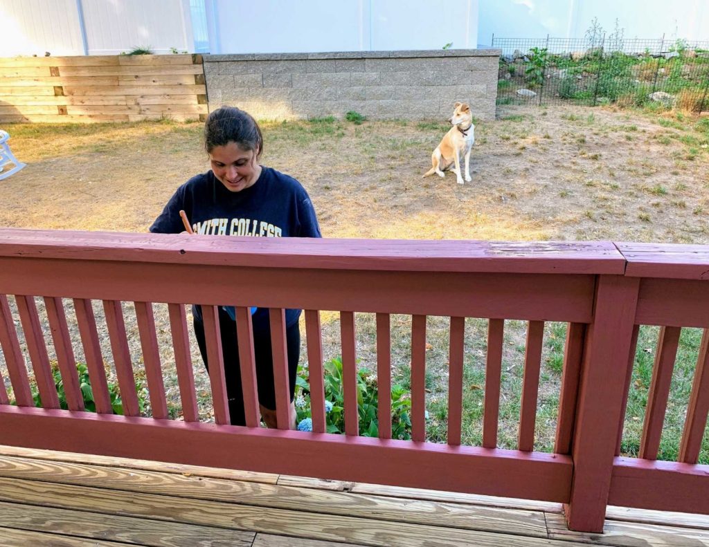 Tedious job of painting deck spindles and railing. Management in background #DulcetheDIYdog