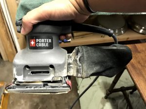 Porter Cable Palm Sander is perfect for small DIY projects like this vintage table restoration #portercable #palmsander