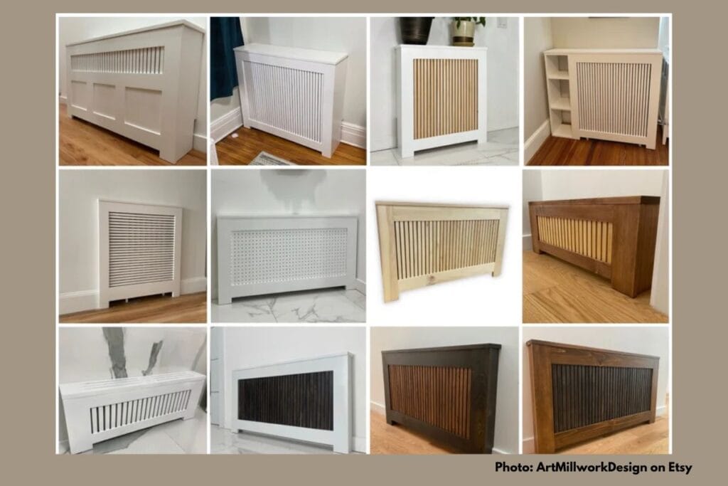 collage of beautiful handmade radiator covers by ArtMillworkDesign on Etsy