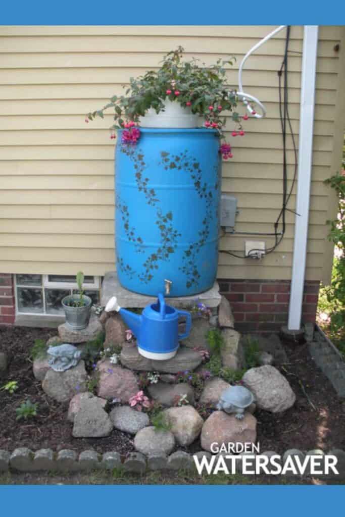 ugly blue rain barrel camoulaged by flowers and stencils. Courtesy of Garden Watersavers
