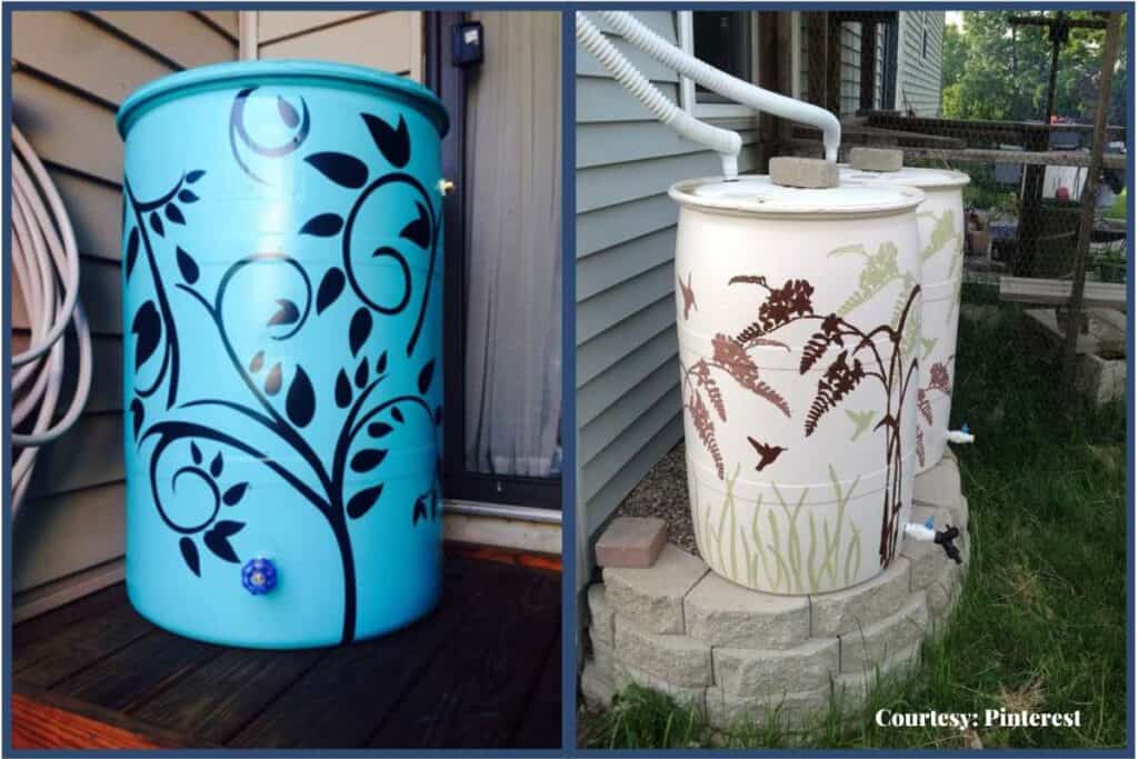 Using stencils to paint a rain barrel and make it more attractive