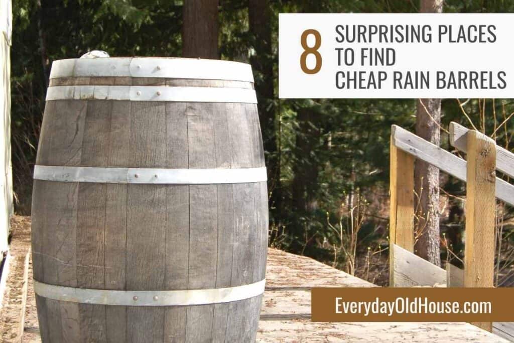 rain barrel in background with title "8 places to Find Free or Discounted Rain Barrel"