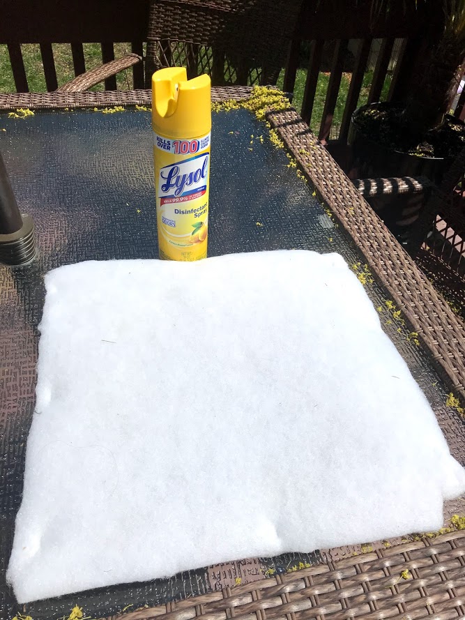 Telephone chair makeover - Lysol to remove the smoke smell from chair cushion #lysol #telephoneseat