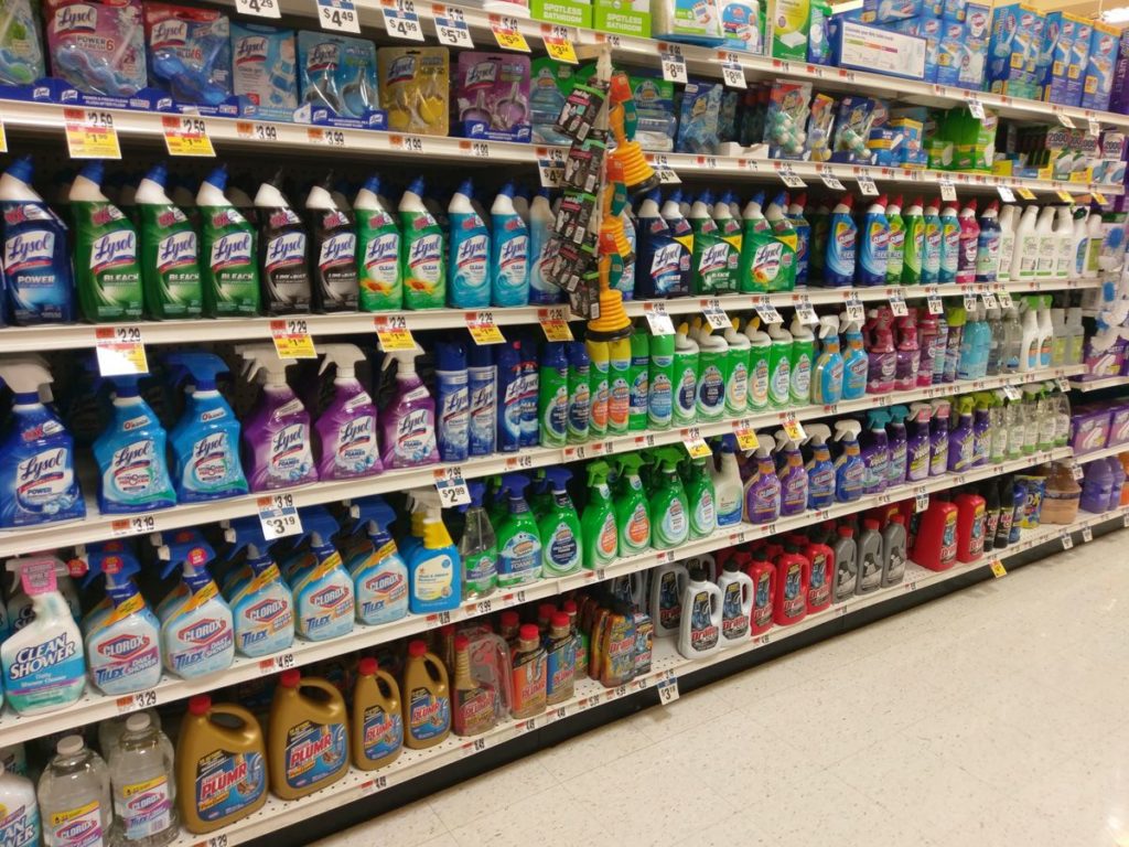 Bathroom cleaning section in the grocery store - Wowza that's a lot of products to chose from.  But is the most effective cleaner on that shelf?  #cleaningproducts #grocerystore