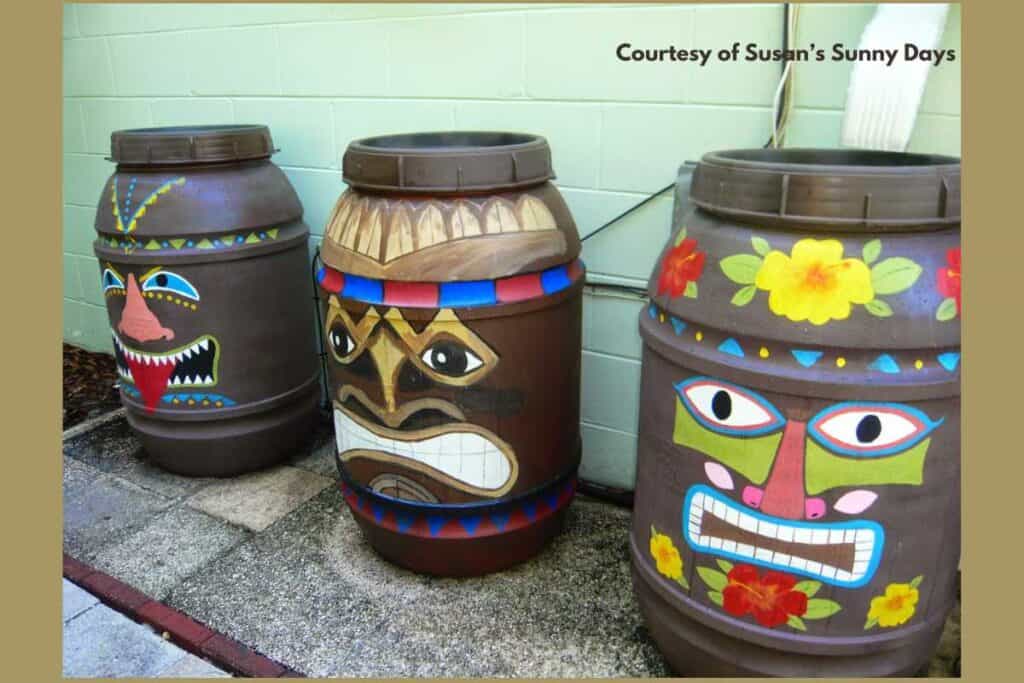 painting rain barrels to make them more attractive with curb appeal