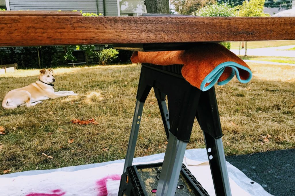 Towel under sawhorse to protect the interior side of the door